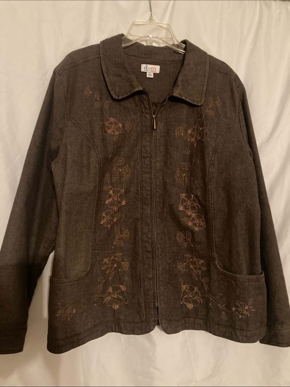 Denim & Co QVC Brown countrycore Embroidered Zip-Front denim Women's Jacket XL